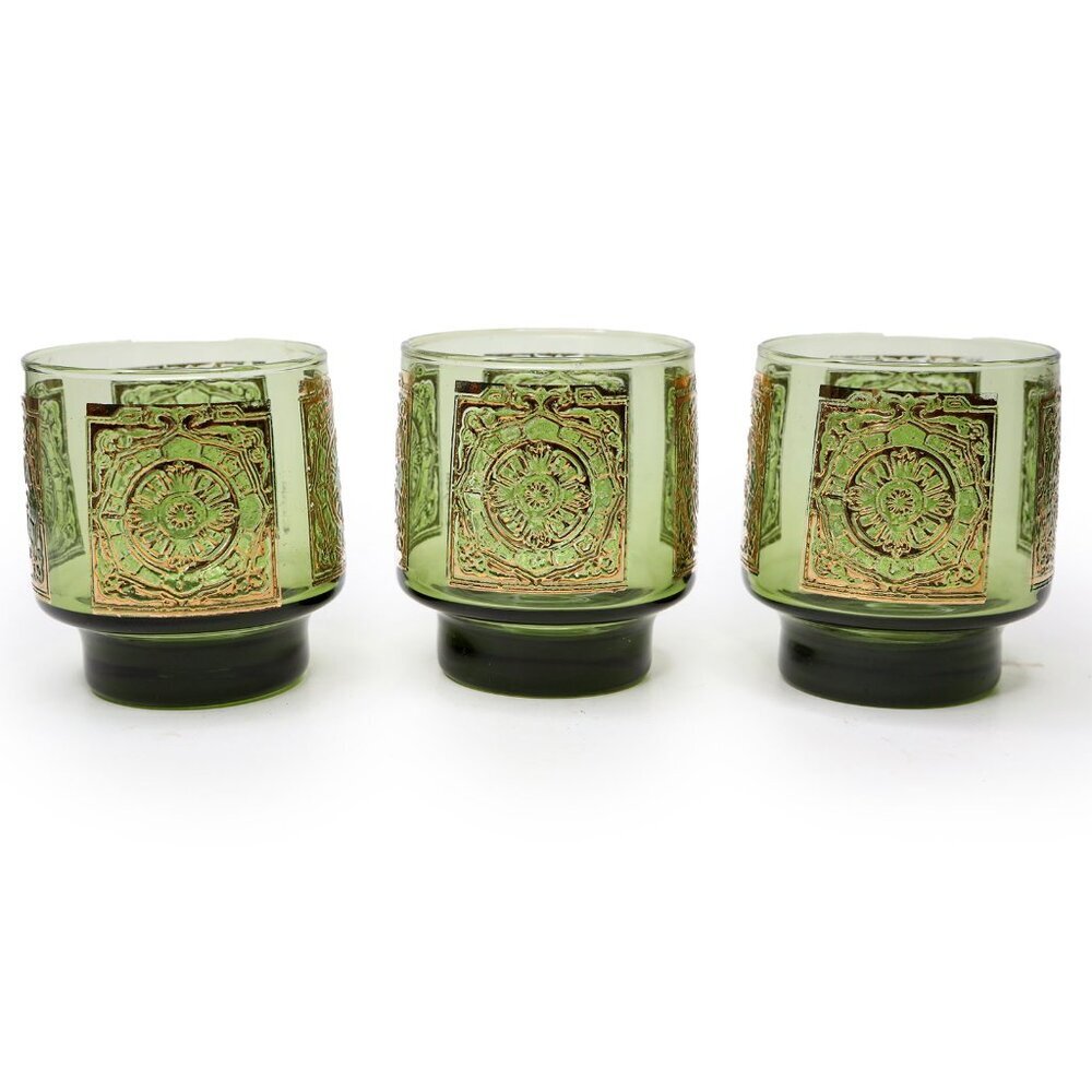 VINTAGE Libbey Elcyda Glasses SET of 3 Green Gold MCM Rocks Barware Old Fashione